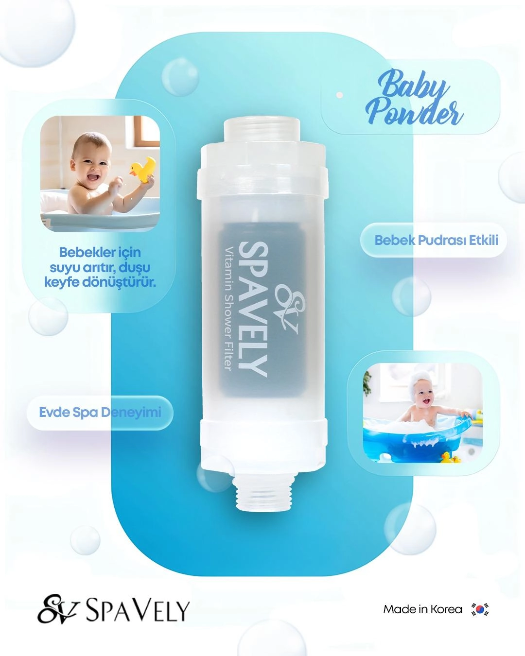 Spavely Duş Filtresi Bebek Pudrası Esanslı - Premium Aromaterapik Klor ve Kireç Karşıtı, Kokulu, C Vitaminli 200 ml