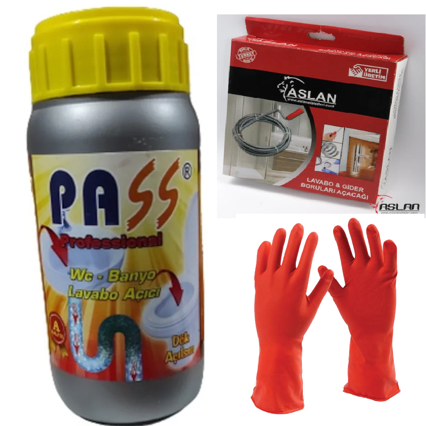Pass dök-aç Sıvı Lavabo PVC Boru Açıcı 1000 Gr + 3 Metre Susta + Eldi̇ven 