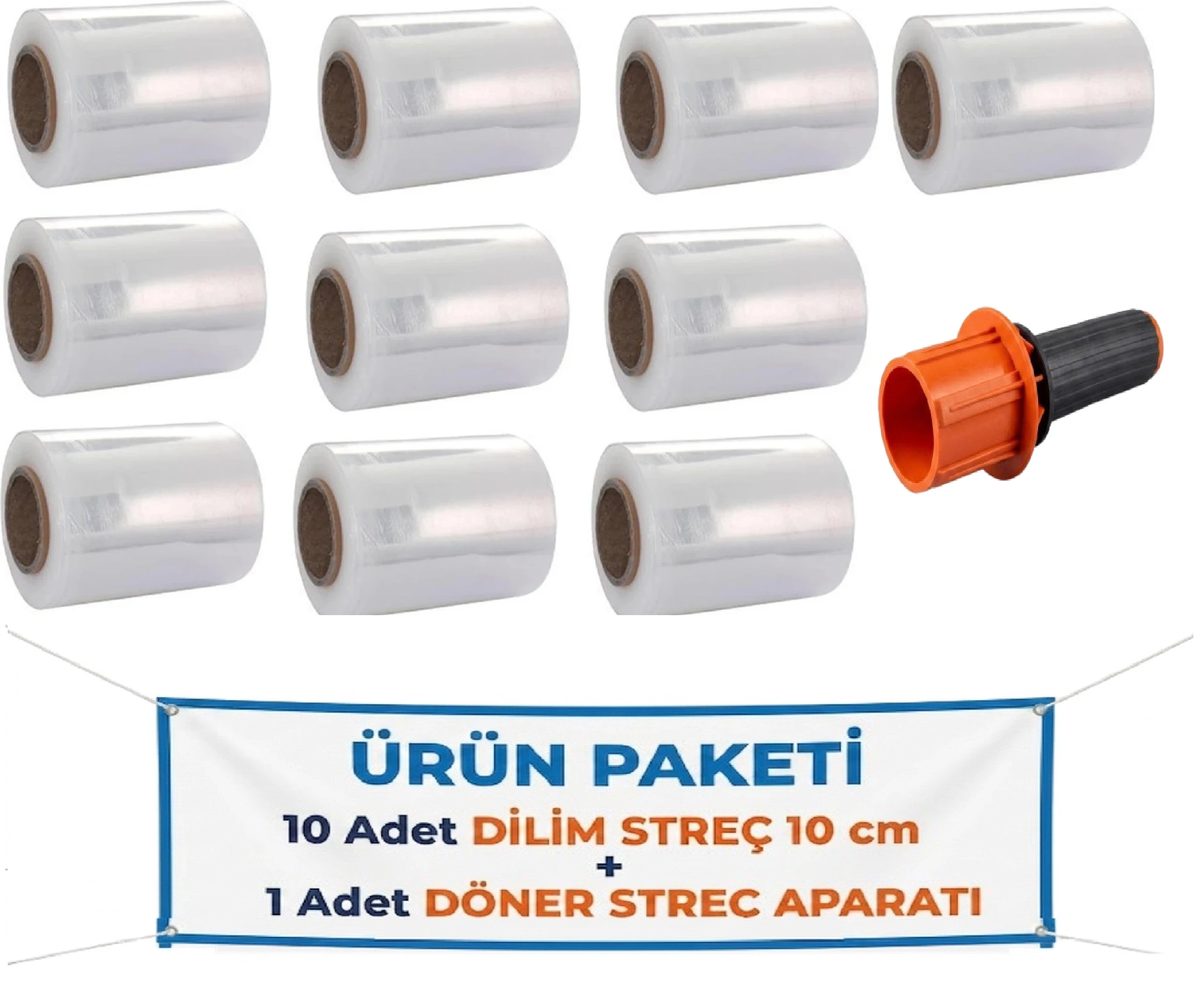 El Paketleme Ambalaj Streci̇ & Oto Di̇reksi̇yon Di̇li̇m Streç 10 cm (10 Adet) + Palet Streç Fi̇lm & Dilim Streç Döner Kollu Sarma Aparatı (1 Adet) 