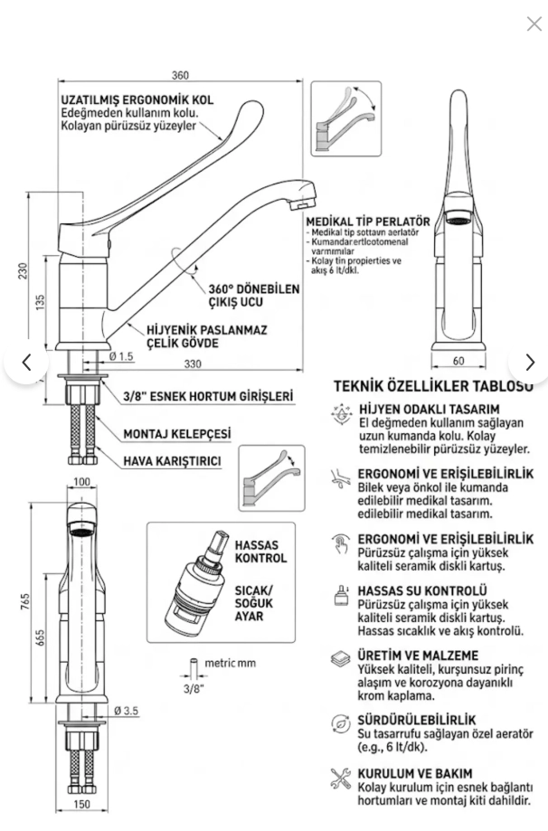 Yatık Eviye Bedensel Engelli & Doktor & Medikal Lavabo Bataryası