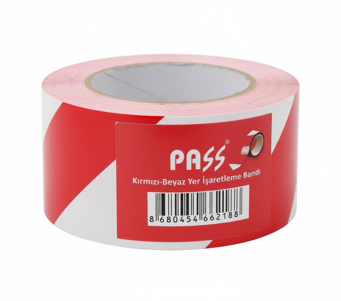 Pass Pvc Yer İşaretleme Bandı Kırmızı Beyaz 50 mm X 30 Metre 