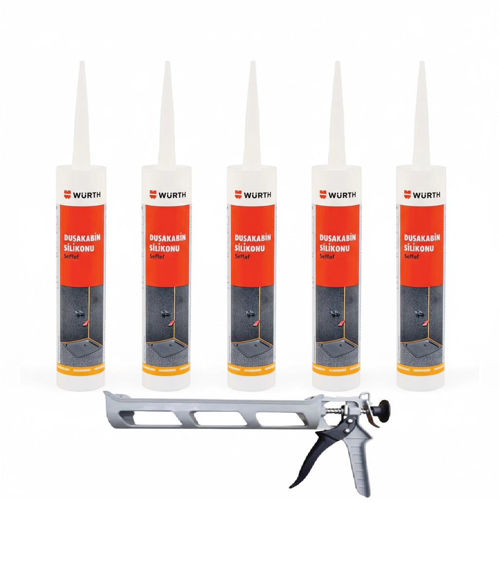 Würth Duşakabin Silikonu Şeffaf Su Geçirmez ve Sızdırmaz 310ml (5 Adet) + Silikon Tabancası