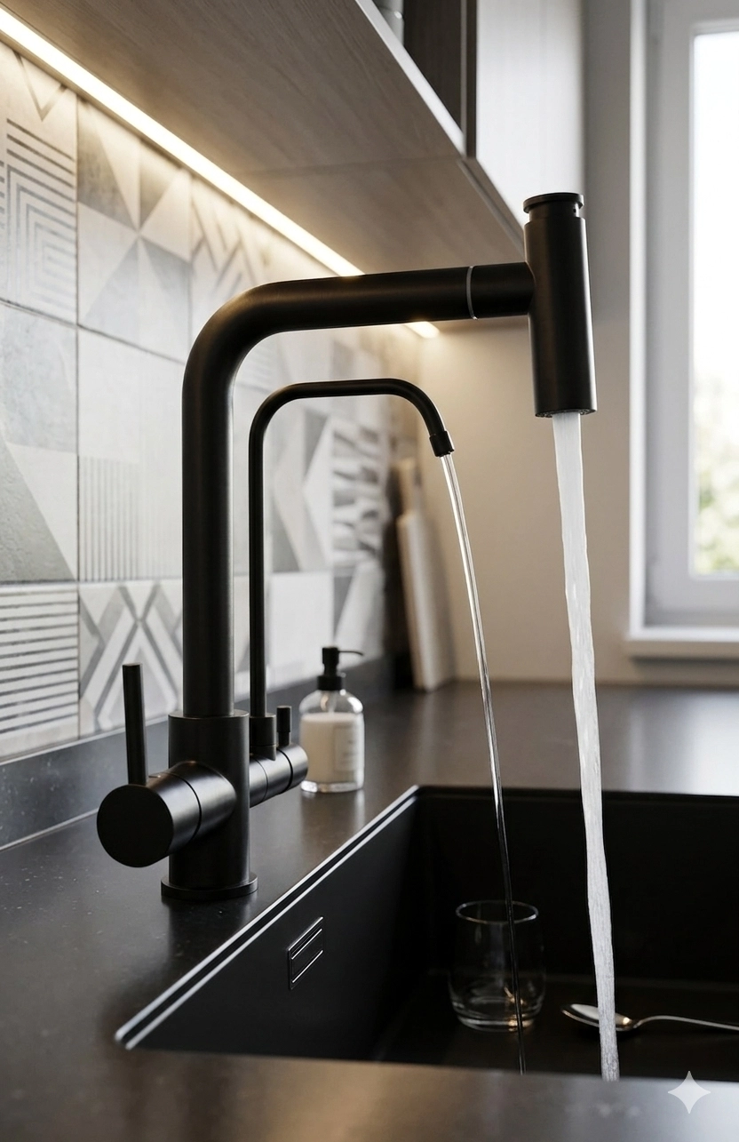 T Arıtmalı Uzayan Spiralli Mutfak Evi̇ye Lavabo Bataryası Siyah