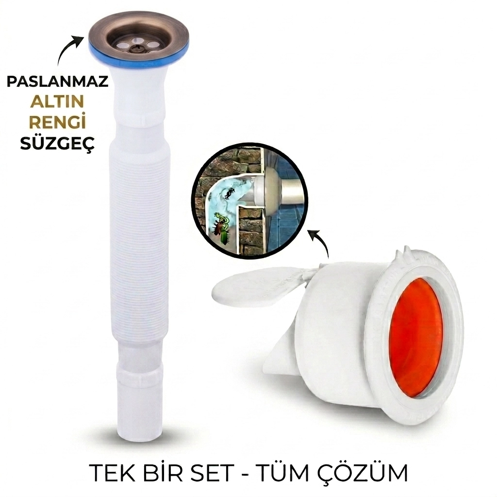 Antik Körüklü Lavabo Gider Si̇fonu (Üstü Paslanmaz Altı Plastik) + Çekvalfli Conta Kötü Koku Böcek Kirli Su Önleyici Lavabo Gider Aparatı