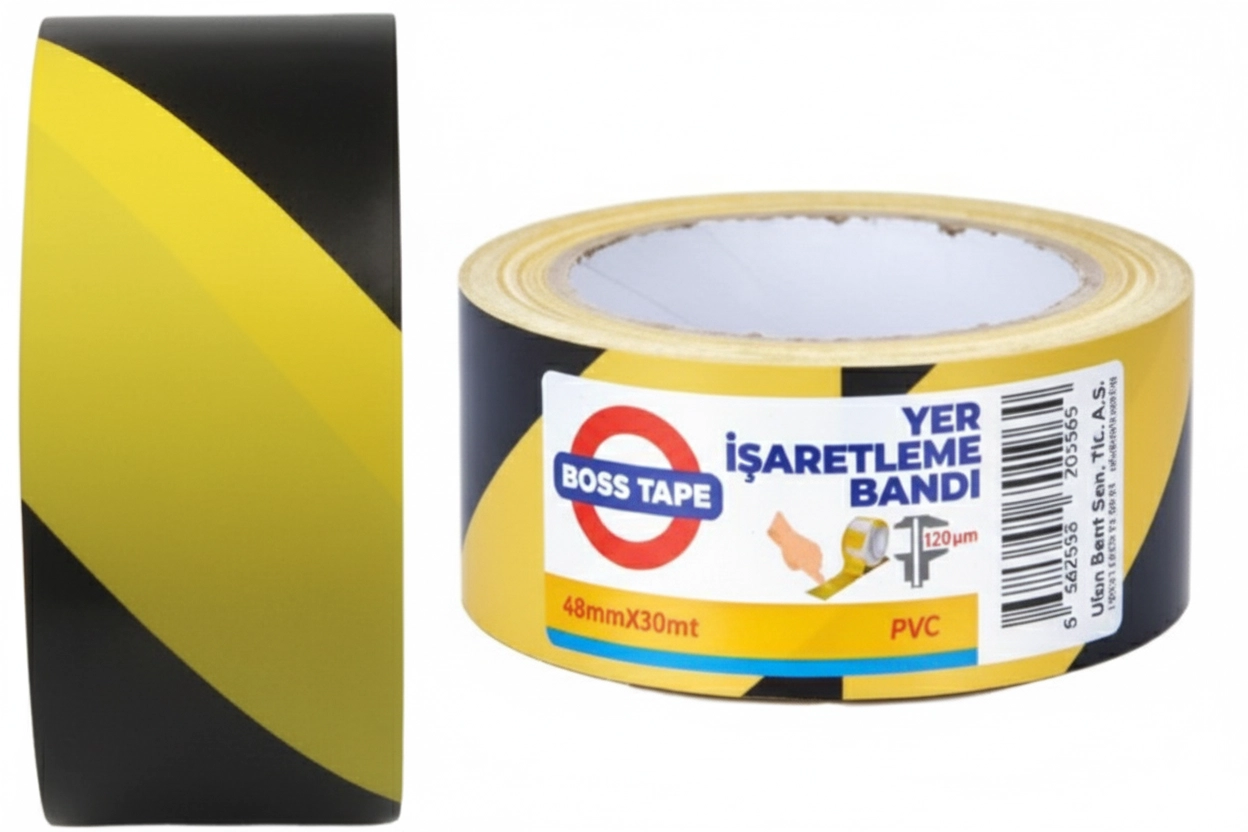 Boss Tape Pvc Yer İşaretleme Bandı Sarı Si̇yah 50 mm X 30 Metre 