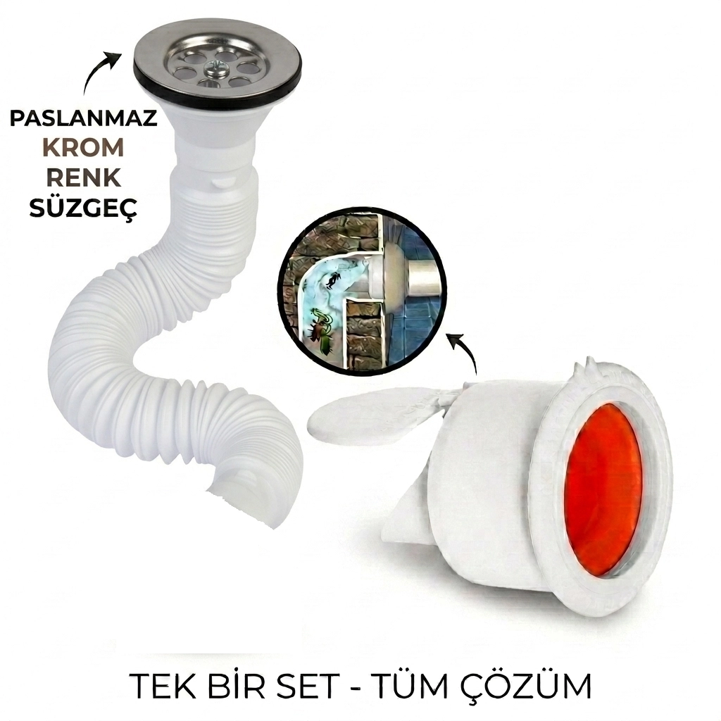 Krom Körüklü Lavabo Gider Si̇fonu (Üstü Paslanmaz Altı Plastik) + Çekvalfli Conta Kötü Koku Böcek Kirli Su Önleyici Lavabo Gider Aparatı