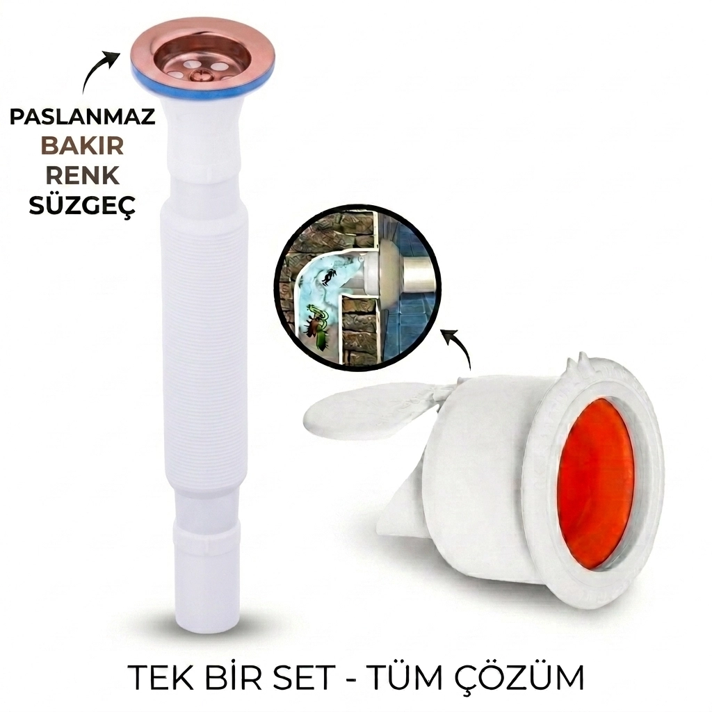 Rose Körüklü Lavabo Gider Si̇fonu (Üstü Paslanmaz Altı Plastik) + Çekvalfli Conta Kötü Koku Böcek Kirli Su Önleyici Lavabo Gider Aparatı