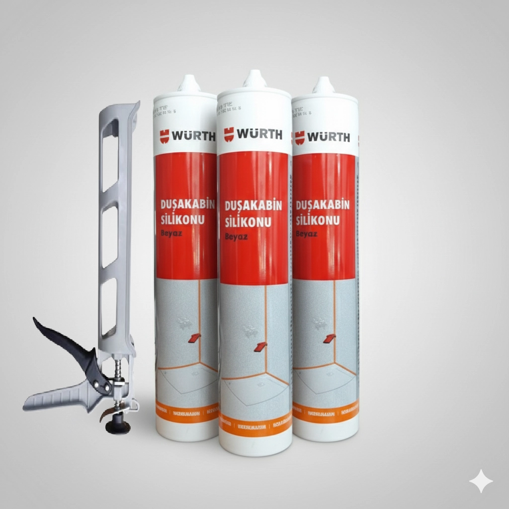 Würth Duşakabin Silikonu Beyaz Su Geçirmez ve Sızdırmaz 310ml (3 Adet) + Silikon Tabancası