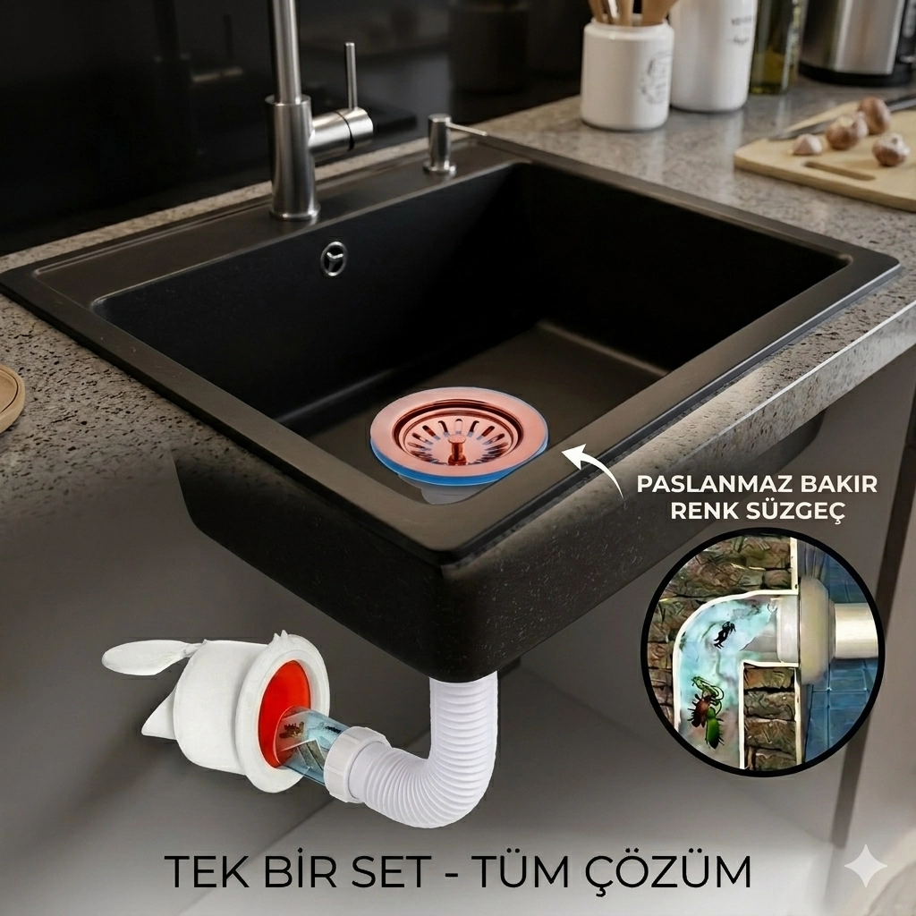 Rose Çöpmak Körüklü Büyük Kafalı Tırnaklı Mutfak Evye Lavabo Gider Si̇fonu (Üstü Paslanmaz Altı Plastik) + Çekvalfli Conta Kötü Koku Böcek Kirli Su Önleyici Lavabo Gider Aparatı