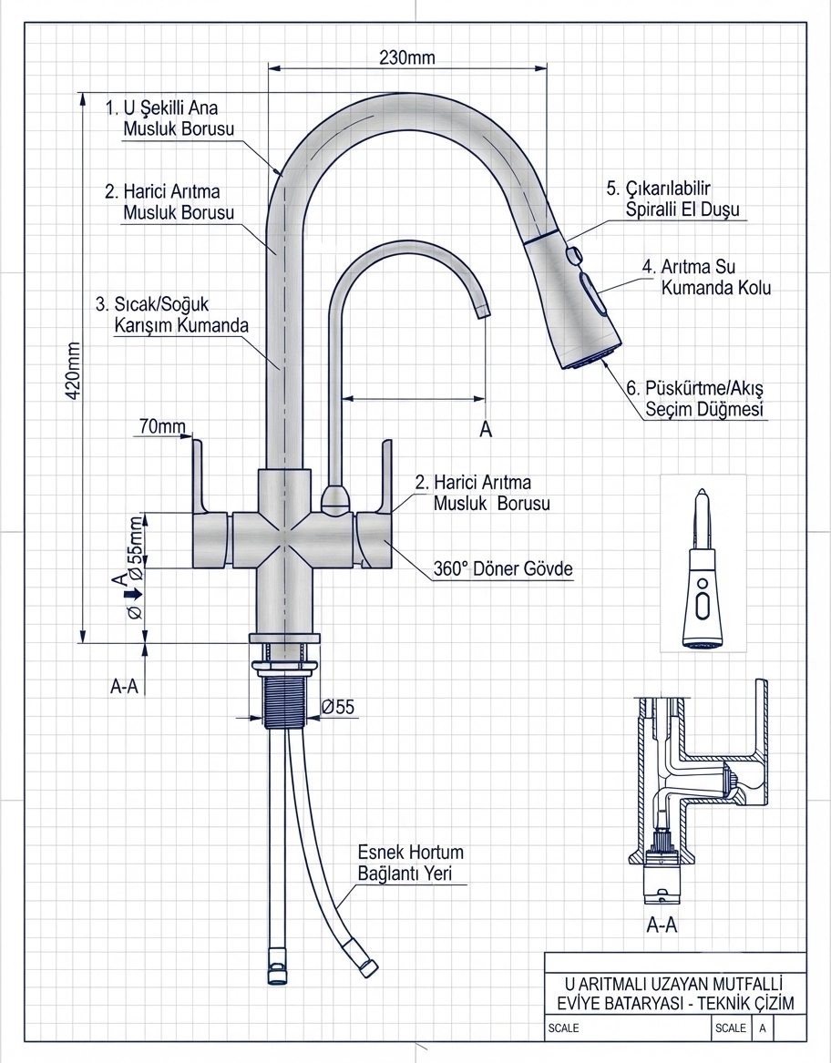 U Arıtmalı Uzayan Spiralli Mutfak Evi̇ye Lavabo Bataryası İnox