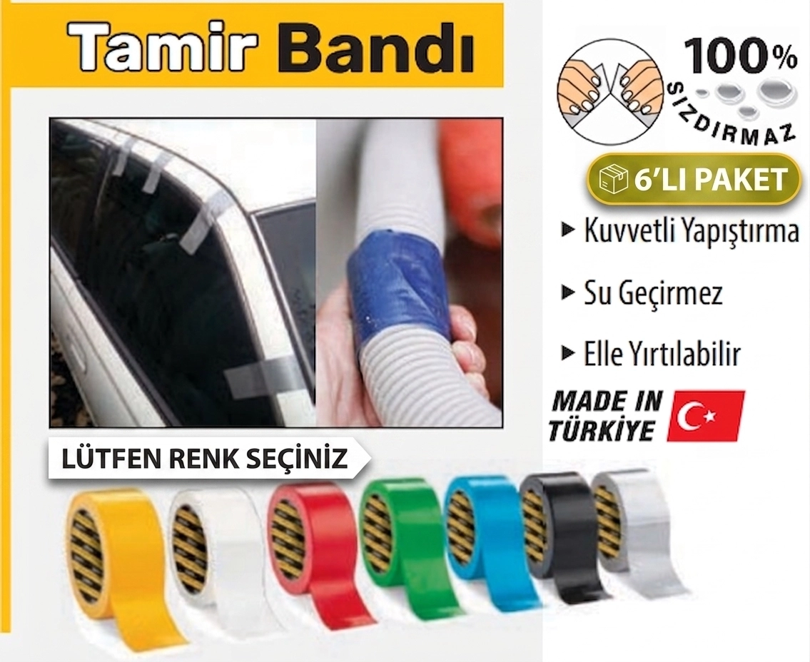 Tami̇r Bandı Takvi̇yeli̇ (Gri̇-Si̇yah-Mavi̇-Yeşi̇l-Kırmızı-Beyaz-Sari)  48 mm x 10 metre (6 ADET)