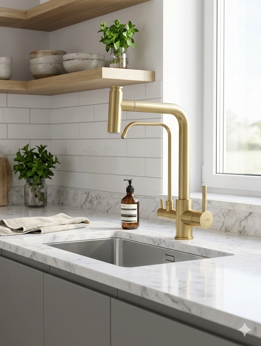 T Arıtmalı Uzayan Spiralli Mutfak Evi̇ye Lavabo Bataryası Mat Gold