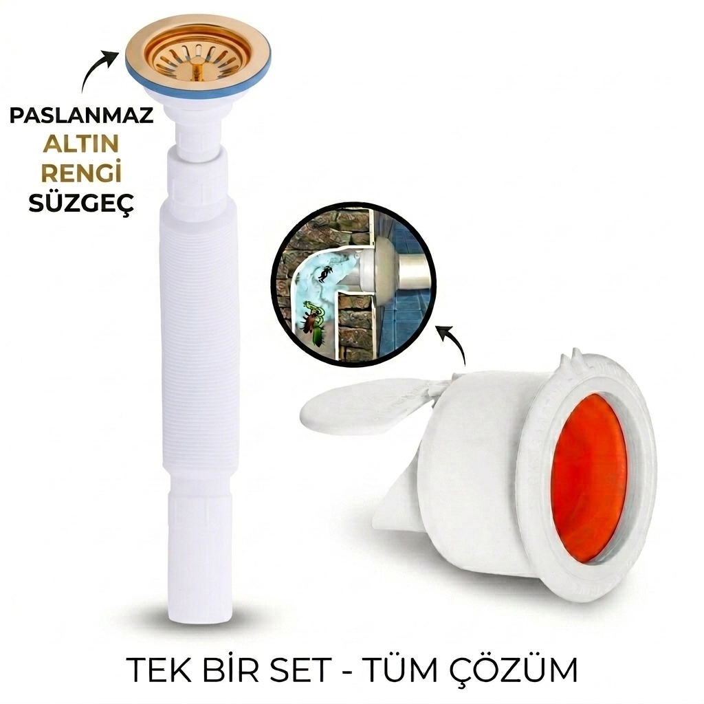 Altın Çöpmak Körüklü Büyük Kafalı Tırnaklı Mutfak Evye Lavabo Gider Si̇fonu (Üstü Paslanmaz Altı Plastik) + Çekvalfli Conta Kötü Koku Böcek Kirli Su Önleyici Lavabo Gider Aparatı
