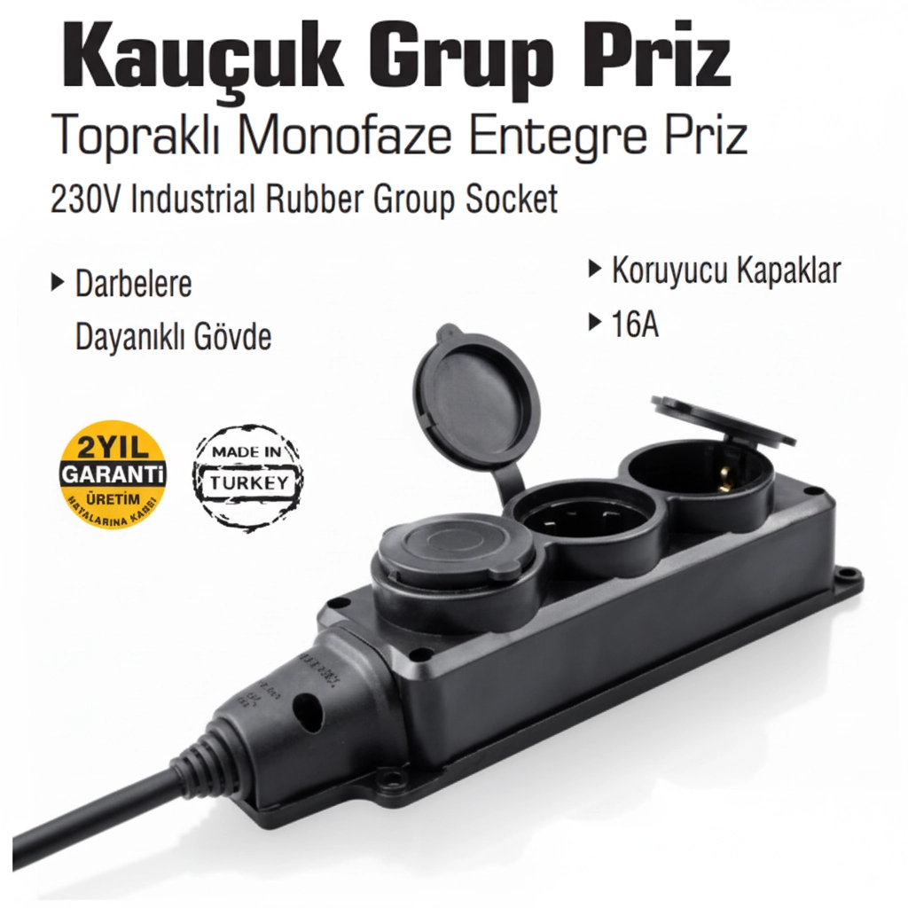 Topraklı Monofaze Kauçuk 3 lü Grup Pri̇z Kapaklı