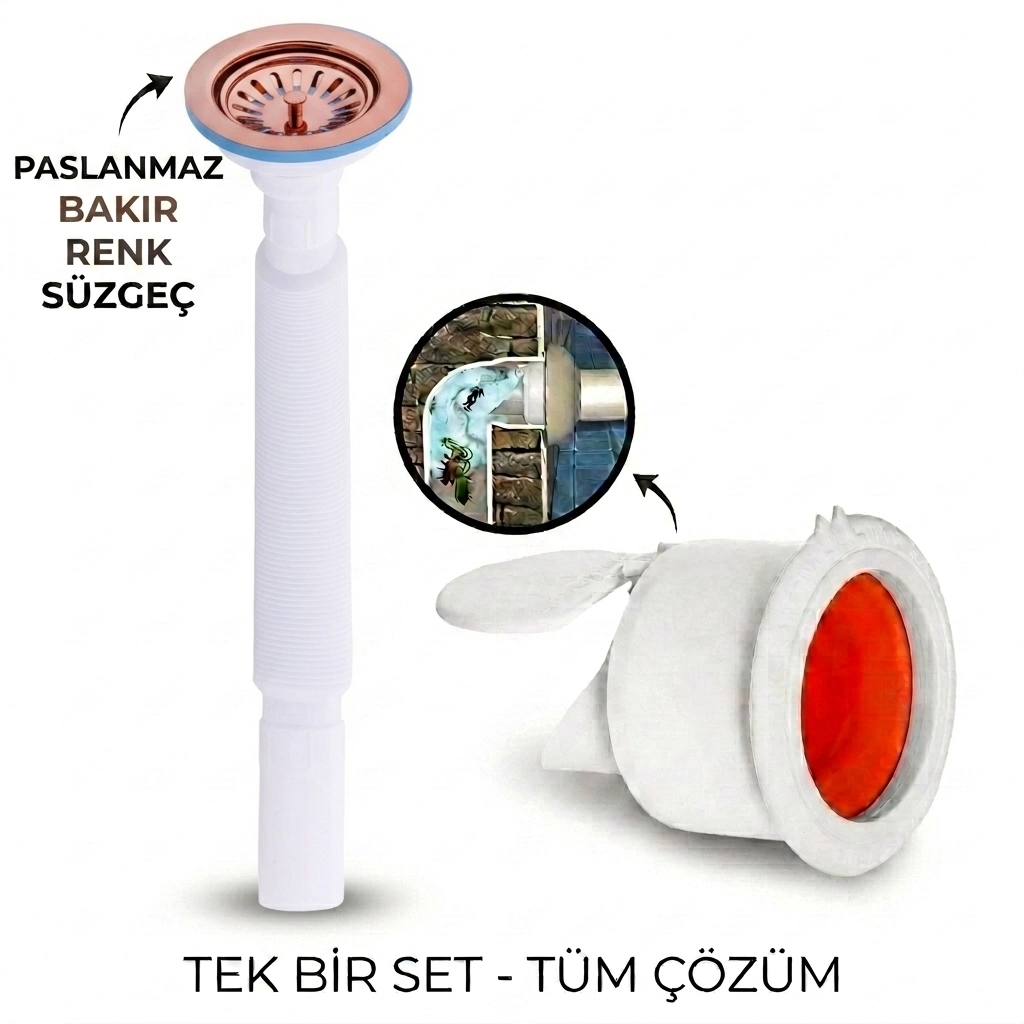 Rose Çöpmak Körüklü Büyük Kafalı Tırnaklı Mutfak Evye Lavabo Gider Si̇fonu (Üstü Paslanmaz Altı Plastik) + Çekvalfli Conta Kötü Koku Böcek Kirli Su Önleyici Lavabo Gider Aparatı