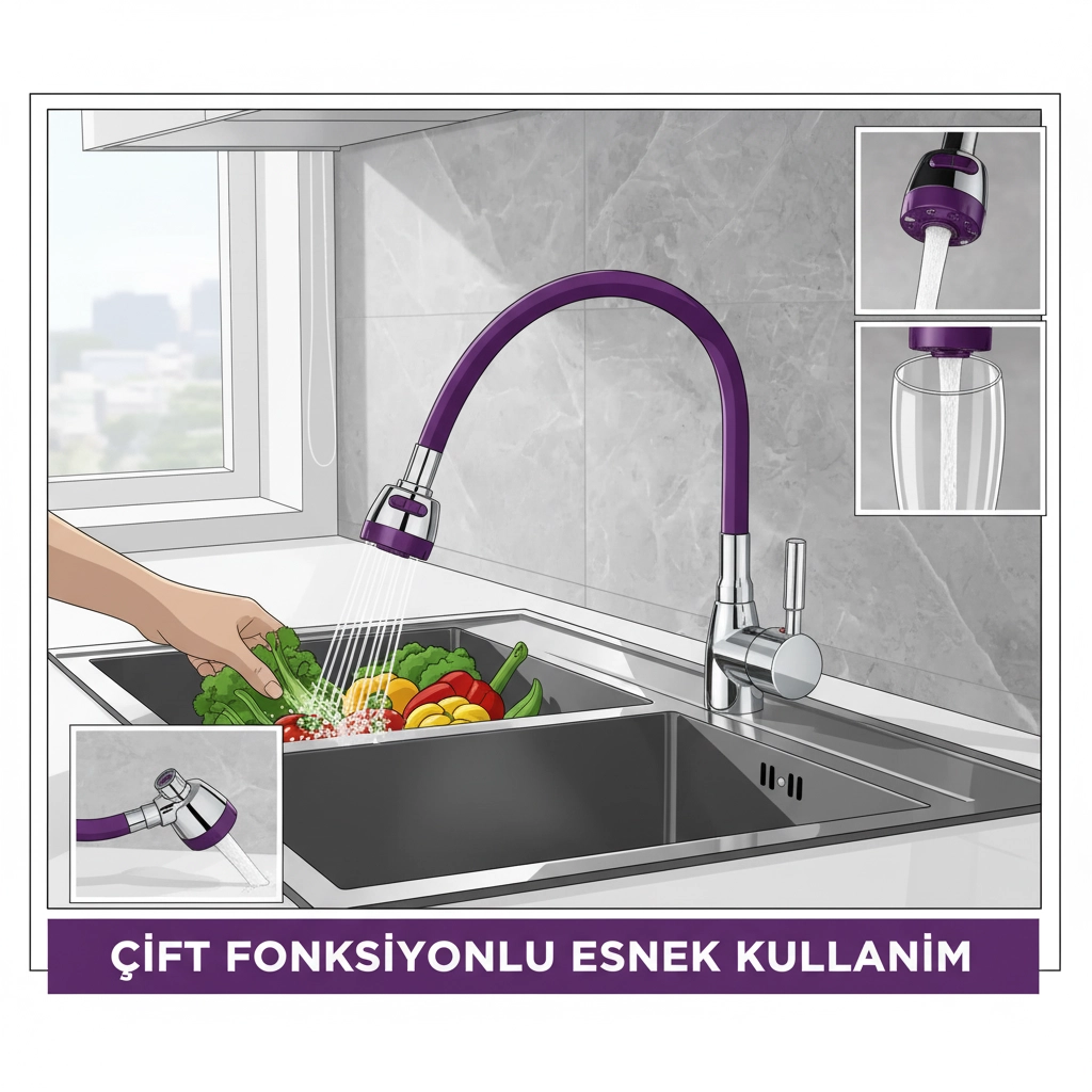 Renkli̇ Esnek Spi̇ralli̇ Evye Mutfak Evi̇ye Batarya Borusu Çi̇ft Fonks. 