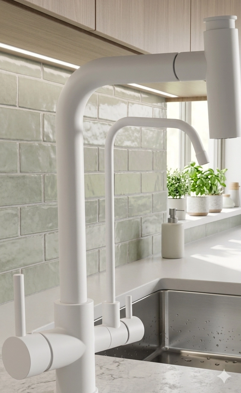 T Arıtmalı Uzayan Spiralli Mutfak Evi̇ye Lavabo Bataryası Beyaz
