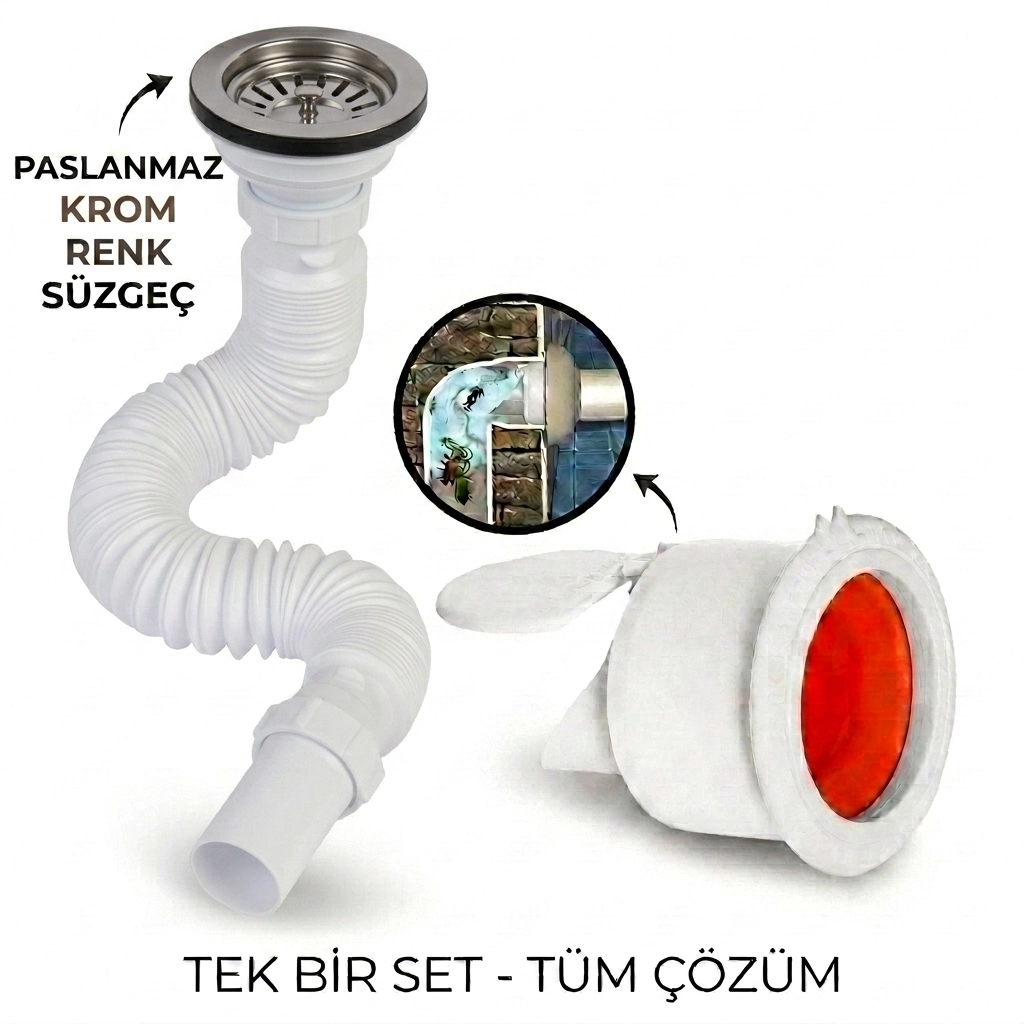 Krom Çöpmak Körüklü Büyük Kafalı Tırnaklı Mutfak Evye Lavabo Gider Si̇fonu (Üstü Paslanmaz Altı Plastik) + Çekvalfli Conta Kötü Koku Böcek Kirli Su Önleyici Lavabo Gider Aparatı