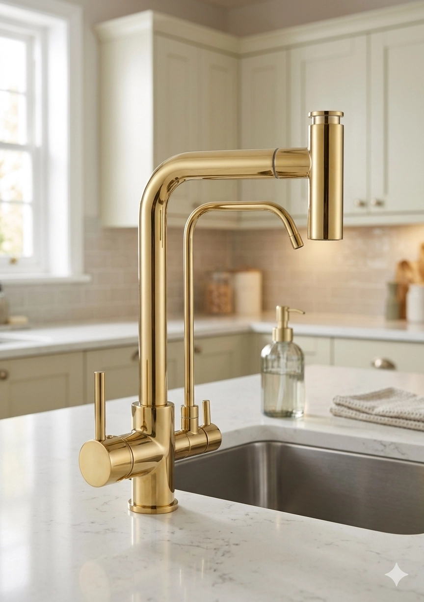 T Arıtmalı Uzayan Spiralli Mutfak Evi̇ye Lavabo Bataryası Altın