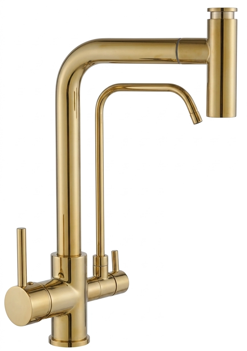 T Arıtmalı Uzayan Spiralli Mutfak Evi̇ye Lavabo Bataryası Altın