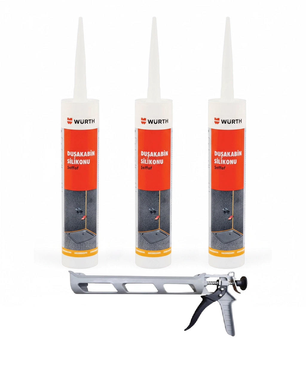 Würth Duşakabin Silikonu Şeffaf Su Geçirmez ve Sızdırmaz 310ml (3 Adet) + Silikon Tabancası