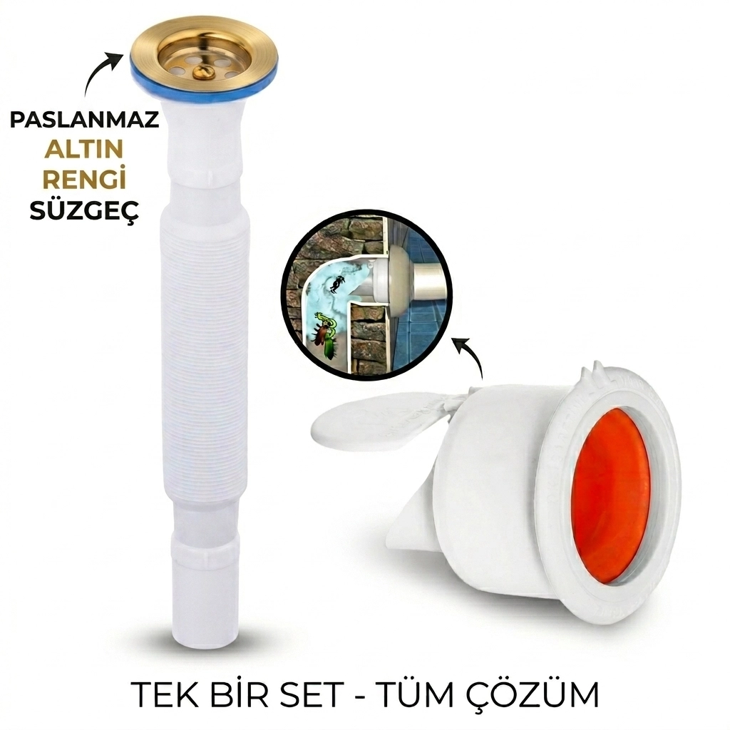 Altın Körüklü Lavabo Gider Si̇fonu (Üstü Paslanmaz Altı Plastik) + Çekvalfli Conta Kötü Koku Böcek Kirli Su Önleyici Lavabo Gider Aparatı