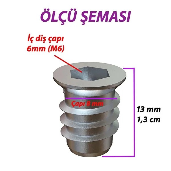 Metal Düz Di̇şli̇ Dübel Ahşap Dübeli̇ - M6 8x13 - Mobi̇lya Bağlantı Üni̇te Bi̇rleşti̇rme (50 Adet) 