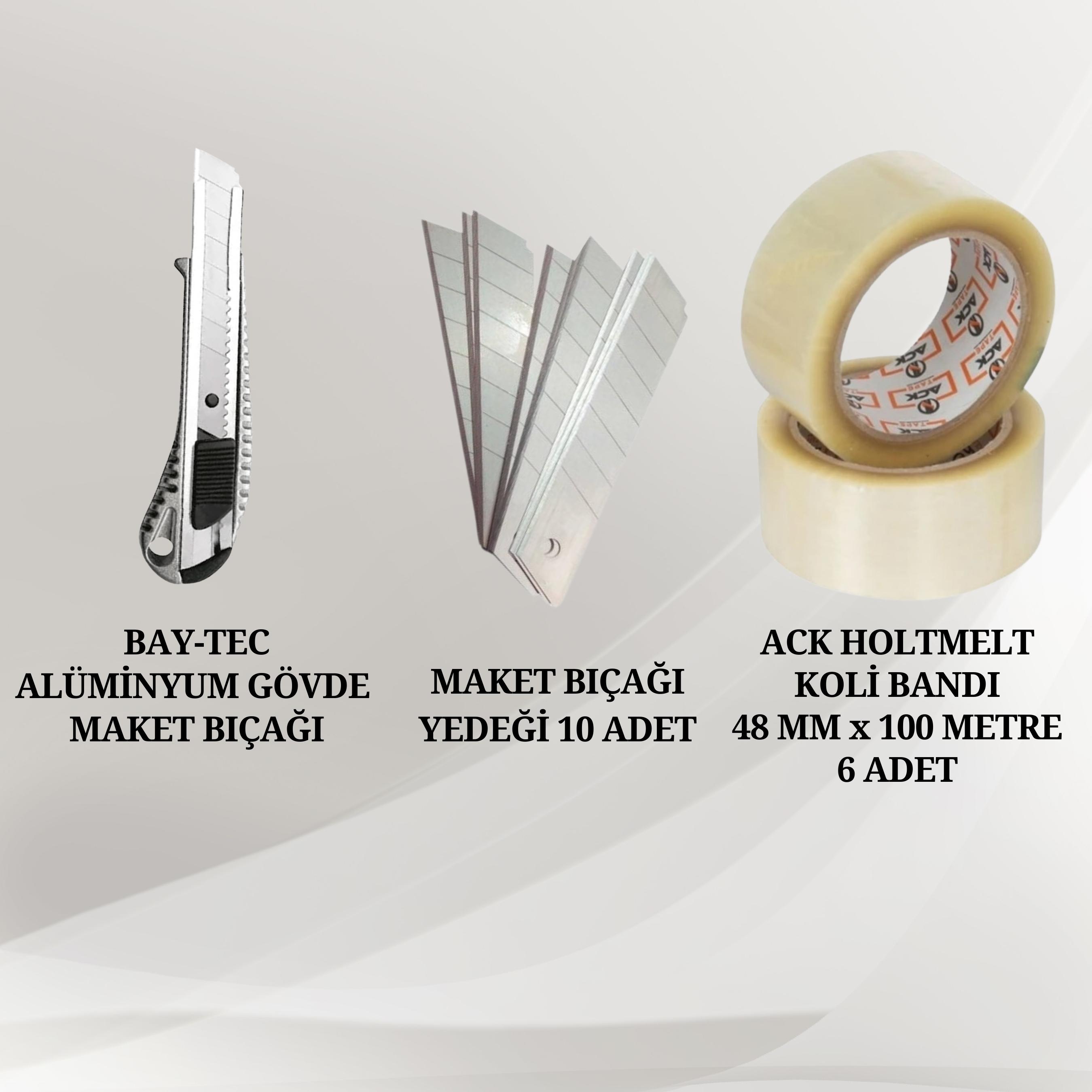 Alümi̇nyum Metal Maket Bıçağı + 10 Adet Yedek Ucu Ve Ack Holmelt Koli̇ Bandı 48 mm X 100 Metre (6 Adet) Seti 