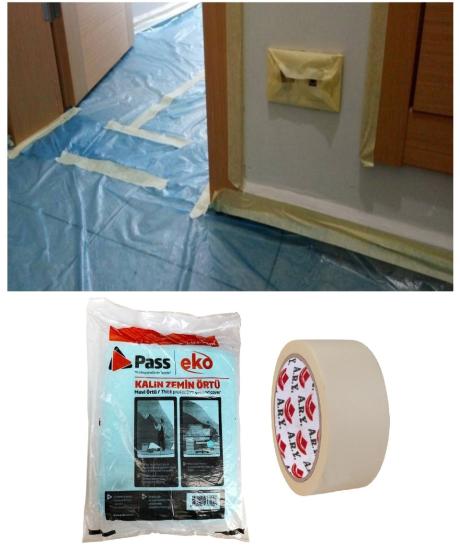 PASS KALIN ZEMİN ÖRTÜSÜ 50 M2 (4X12,5=50M2) + MASKELEME BANDI KAĞIT BANT 48 MM x 25 METRE