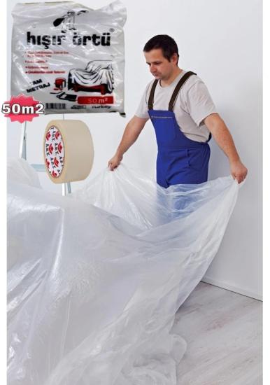 PASS EŞYA BOYA KORUYUCU HIŞIR ÖRTÜ 50 M2 + MASKELEME BANDI KAĞIT BANT 48 MM x 25 METRE