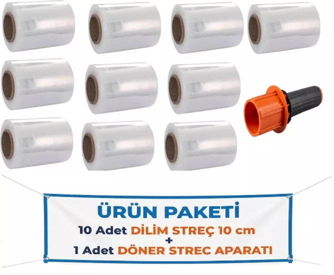 El Paketleme Ambalaj Streci̇ & Oto Di̇reksi̇yon Di̇li̇m Streç 10 cm (10 Adet) + Palet Streç Fi̇lm & Dilim Streç Döner Kollu Sarma Aparatı (1 Adet) 