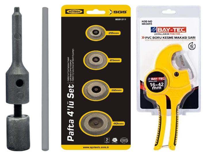 GÖNEN DÖKÜM TAMİR PAFTASI + PPRC BORU KAYNAK MAKİNE PAFTALARI 4 PARÇA SET + BORU KESME MAKASI 42 MM