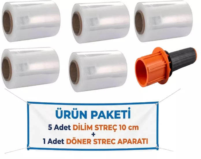 El Paketleme Ambalaj Streci̇ & Oto Di̇reksi̇yon Di̇li̇m Streç 10 cm (5 Adet) + Palet Streç Fi̇lm & Dilim Streç Döner Kollu Sarma Aparatı (1 Adet) 