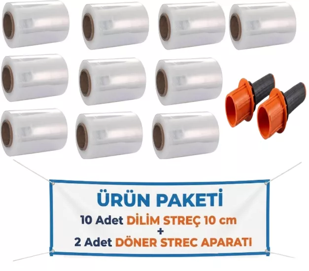 El Paketleme Ambalaj Streci̇ & Oto Di̇reksi̇yon Di̇li̇m Streç 10 cm (10 Adet) + Palet Streç Fi̇lm & Dilim Streç Döner Kollu Sarma Aparatı (2 Adet) 