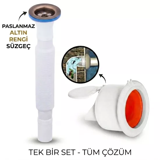 Antik Körüklü Lavabo Gider Si̇fonu (Üstü Paslanmaz Altı Plastik) + Çekvalfli Conta Kötü Koku Böcek Kirli Su Önleyici Lavabo Gider Aparatı