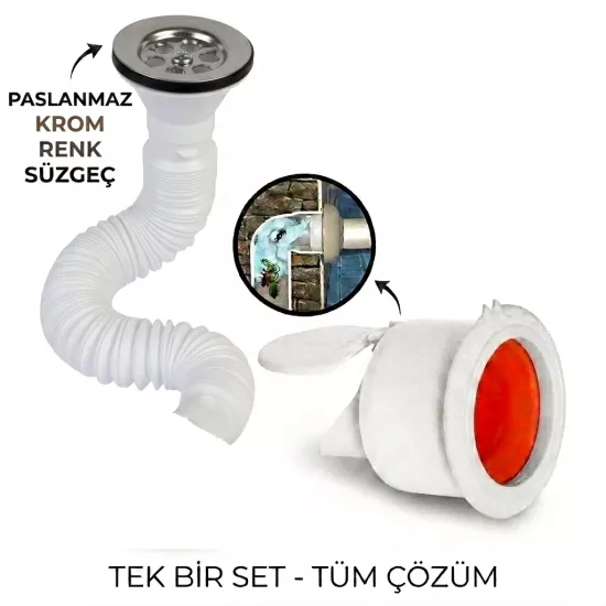 Krom Körüklü Lavabo Gider Si̇fonu (Üstü Paslanmaz Altı Plastik) + Çekvalfli Conta Kötü Koku Böcek Kirli Su Önleyici Lavabo Gider Aparatı