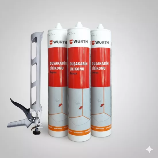Würth Duşakabin Silikonu Beyaz Su Geçirmez ve Sızdırmaz 310ml (3 Adet) + Silikon Tabancası