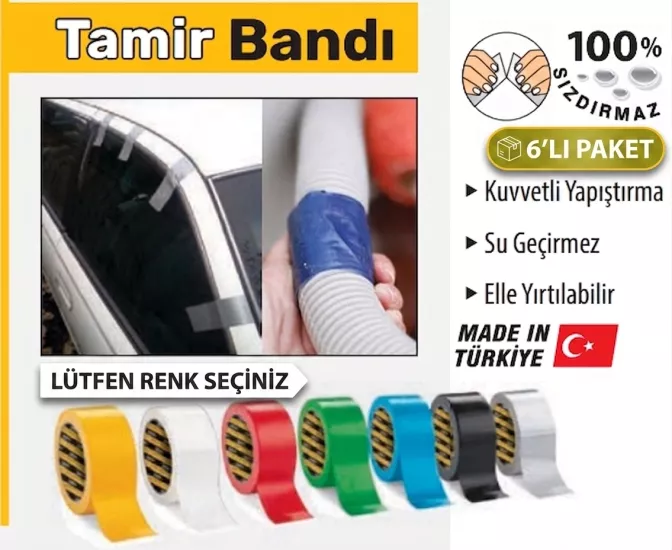 Tami̇r Bandı Takvi̇yeli̇ (Gri̇-Si̇yah-Mavi̇-Yeşi̇l-Kırmızı-Beyaz-Sari)  48 mm x 10 metre 