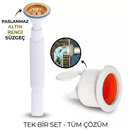 Altın Çöpmak Körüklü Büyük Kafalı Tırnaklı Mutfak Evye Lavabo Gider Si̇fonu (Üstü Paslanmaz Altı Plastik) + Çekvalfli Conta Kötü Koku Böcek Kirli Su Önleyici Lavabo Gider Aparatı
