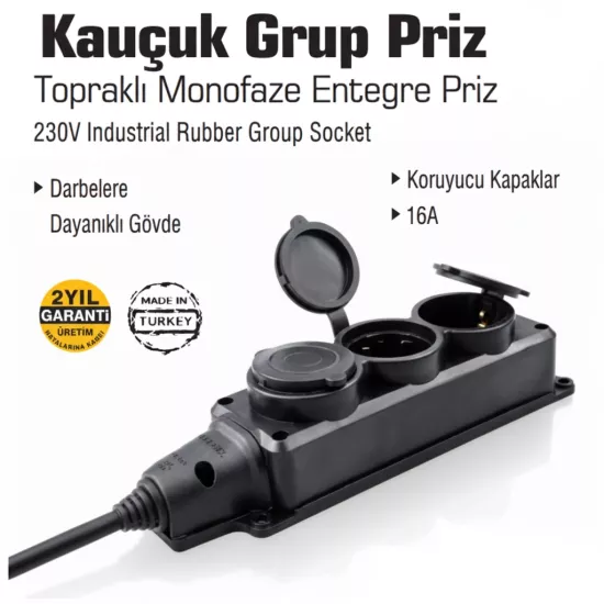 Topraklı Monofaze Kauçuk 3 lü Grup Pri̇z Kapaklı
