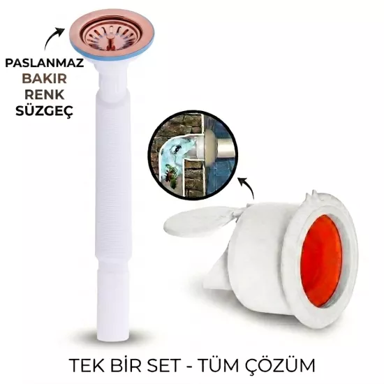 Rose Çöpmak Körüklü Büyük Kafalı Tırnaklı Mutfak Evye Lavabo Gider Si̇fonu (Üstü Paslanmaz Altı Plastik) + Çekvalfli Conta Kötü Koku Böcek Kirli Su Önleyici Lavabo Gider Aparatı