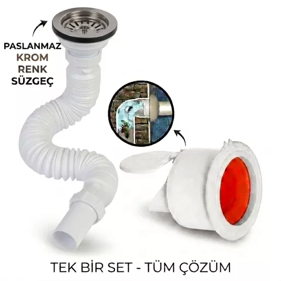 Krom Çöpmak Körüklü Büyük Kafalı Tırnaklı Mutfak Evye Lavabo Gider Si̇fonu (Üstü Paslanmaz Altı Plastik) + Çekvalfli Conta Kötü Koku Böcek Kirli Su Önleyici Lavabo Gider Aparatı