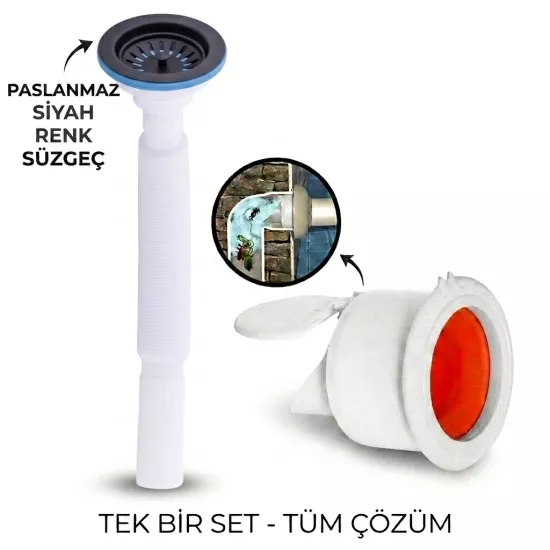 Siyah Çöpmak Körüklü Büyük Kafalı Tırnaklı Mutfak Evye Lavabo Gider Si̇fonu (Üstü Paslanmaz Altı Plastik) + Çekvalfli Conta Kötü Koku Böcek Kirli Su Önleyici Lavabo Gider Aparatı