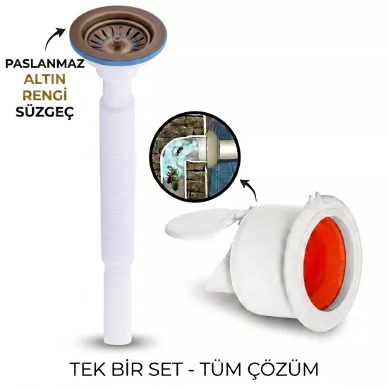Antik Çöpmak Körüklü Büyük Kafalı Tırnaklı Mutfak Evye Lavabo Gider Si̇fonu (Üstü Paslanmaz Altı Plastik) + Çekvalfli Conta Kötü Koku Böcek Kirli Su Önleyici Lavabo Gider Aparatı