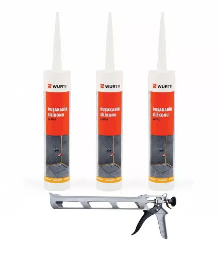 Würth Duşakabin Silikonu Şeffaf Su Geçirmez ve Sızdırmaz 310ml (3 Adet) + Silikon Tabancası