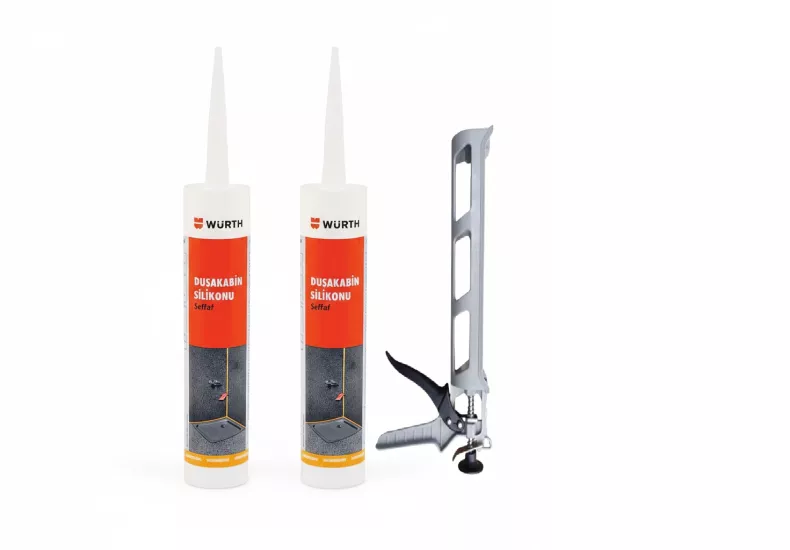 Würth Duşakabin Silikonu Şeffaf Su Geçirmez ve Sızdırmaz 310ml (2 Adet) + Silikon Tabancası