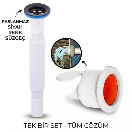 Siyah Körüklü Lavabo Gider Si̇fonu (Üstü Paslanmaz Altı Plastik) + Çekvalfli Conta Kötü Koku Böcek Kirli Su Önleyici Lavabo Gider Aparatı