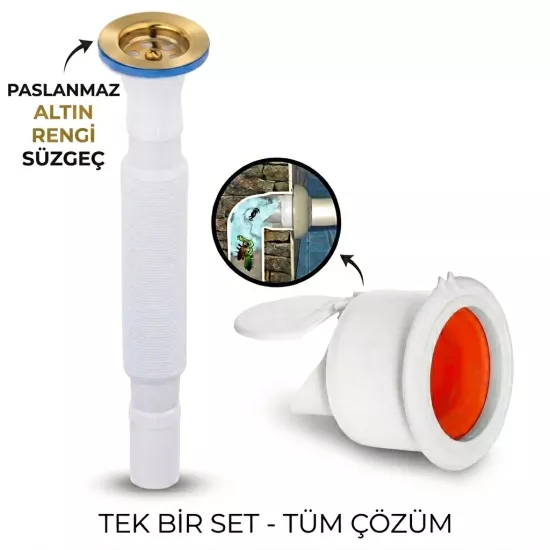 Altın Körüklü Lavabo Gider Si̇fonu (Üstü Paslanmaz Altı Plastik) + Çekvalfli Conta Kötü Koku Böcek Kirli Su Önleyici Lavabo Gider Aparatı
