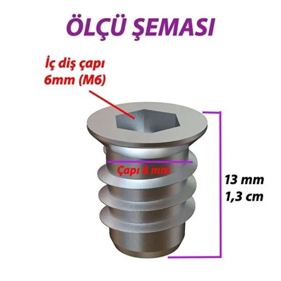 Metal Düz Di̇şli̇ Dübel Ahşap Dübeli̇ - M6 8x13 - Mobi̇lya Bağlantı Üni̇te Bi̇rleşti̇rme (50 Adet) 