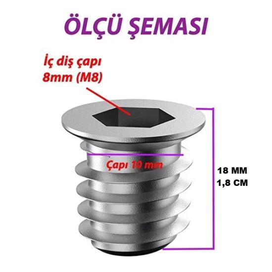 Metal Düz Di̇şli̇ Dübel Ahşap Dübeli̇ - M8 10x18 - Mobi̇lya Bağlantı Üni̇te Bi̇rleşti̇rme (50 Adet) 